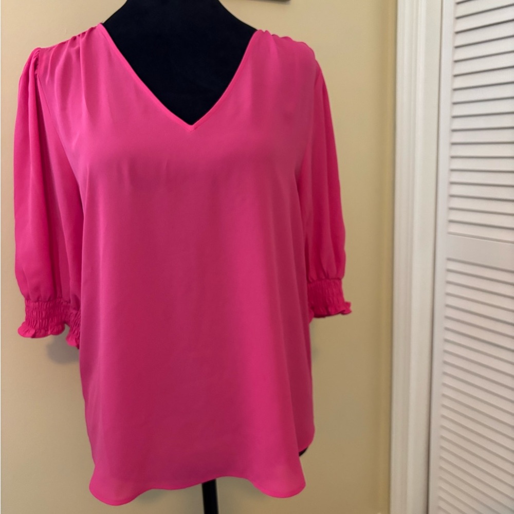 Ann Taylor V-Neck Smocked Cuff Blouse in Hot Pink